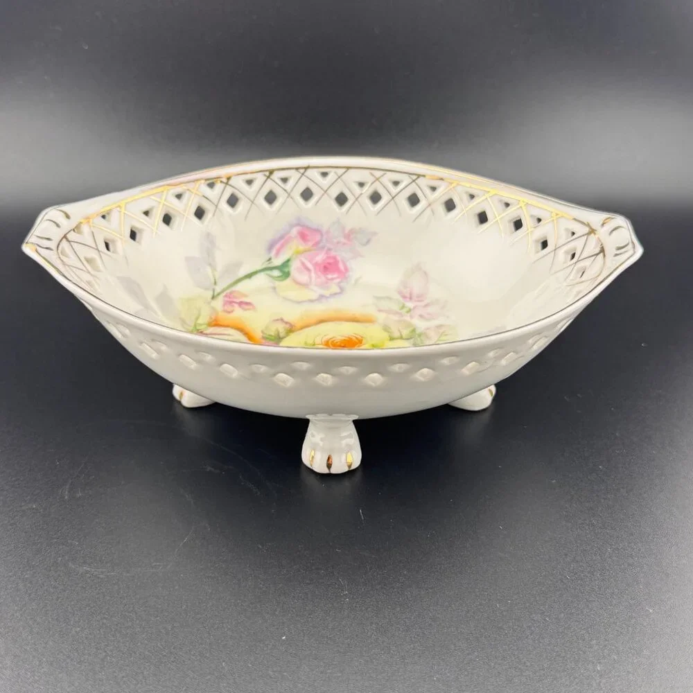 Vintage Kalk Pierced Footed Oval Bowl Porcelain Crossed Arrows Mark Roses German